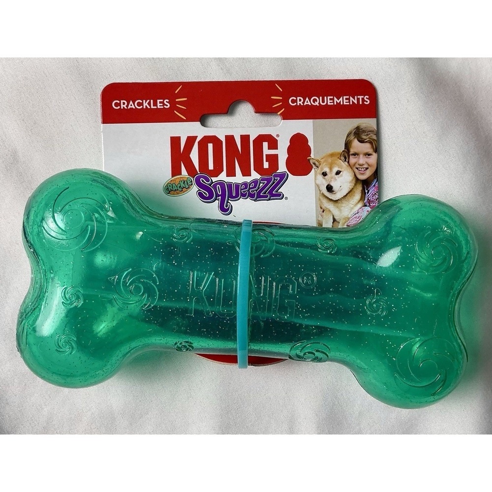 KONG Crackle Squezz Bone Dog Toy Teal Medium Crackle Toss Retrieve New